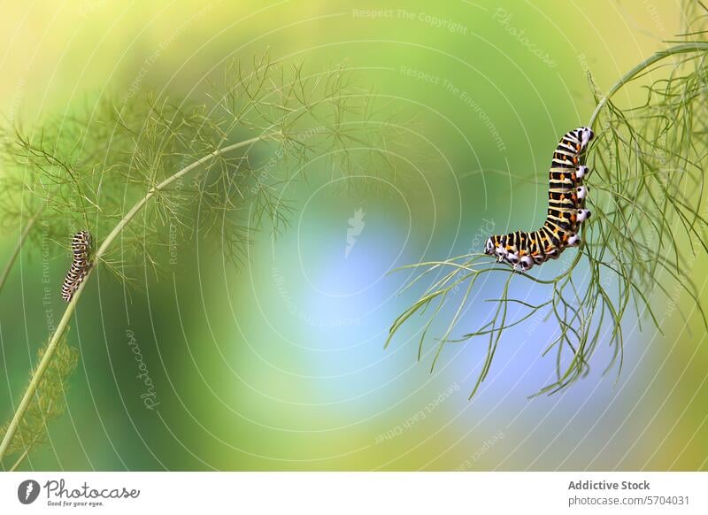 Two Papilio machaon caterpillars on delicate fennel stems with a soft-focus natural green and blue background swallowtail butterfly nature insect wildlife larva