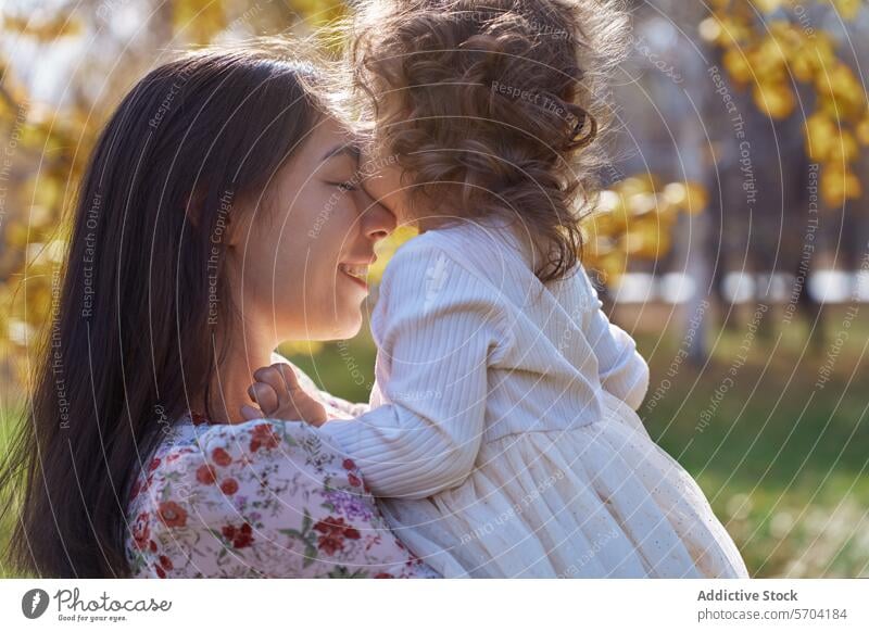Tender bond between mother and child in Californian nature daughter park california ethnic maternal love family togetherness outdoor autumn serene sunlit trees