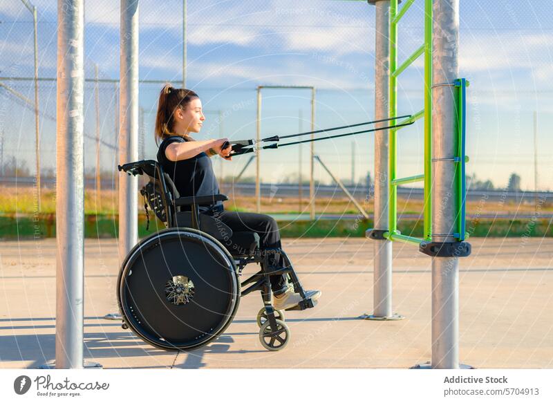 Woman in a wheelchair performs chest press using resistance bands at an outdoor gym station woman exercise fitness workout strength health active lifestyle