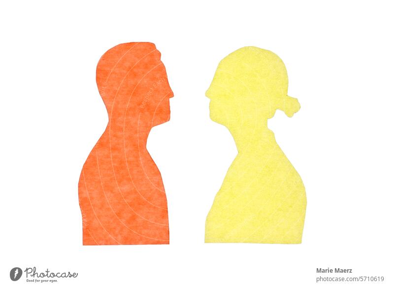 Woman and man look at each other - paper cut silhouettes Couple relation Man Silhouette Relationship two Interaction communication Illustration people Together