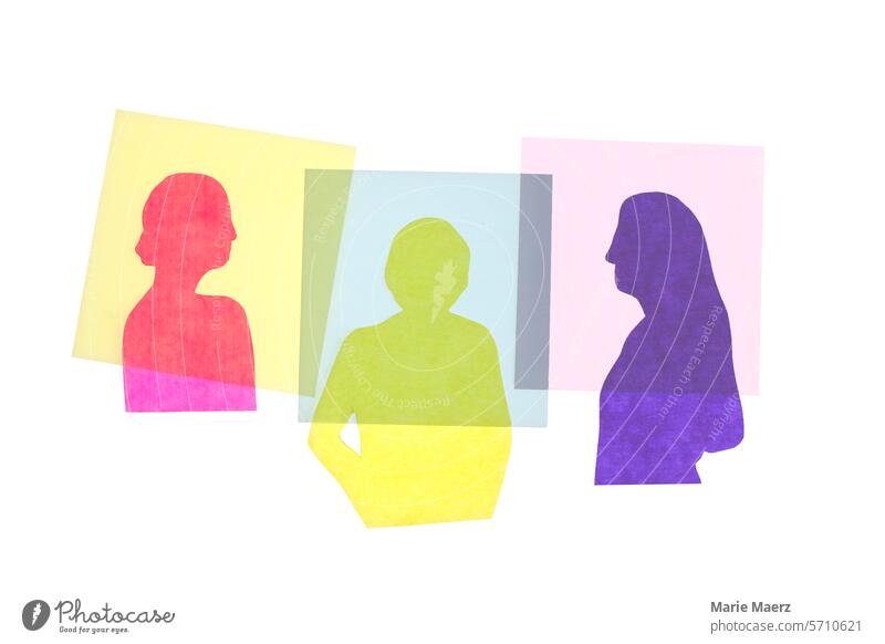 Three women as transparent silhouettes three people Abstract paper cut relation Illustration Minimalistic Neutral Background Design Brothers and sisters