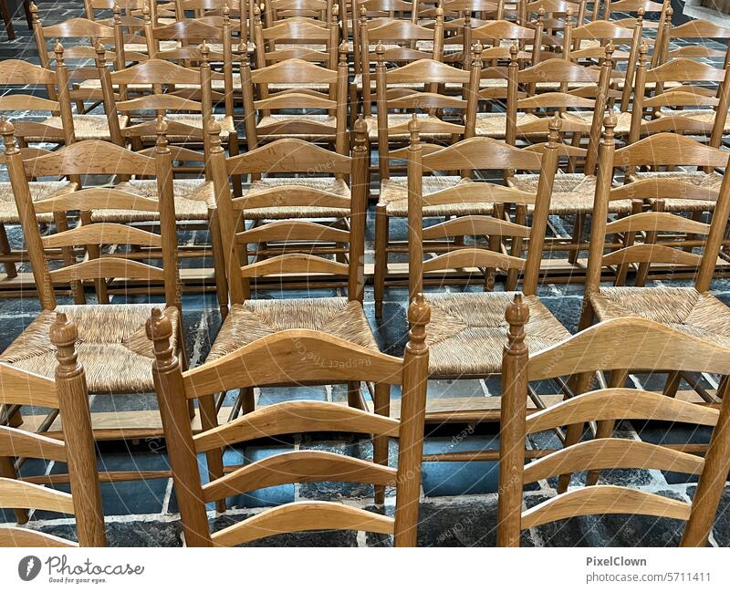 Chairs in a church chairs Gastronomy Seating Beer garden Table Folding chair Deserted Empty Terrace Sidewalk café Tourism Loneliness Café Wood Exterior shot