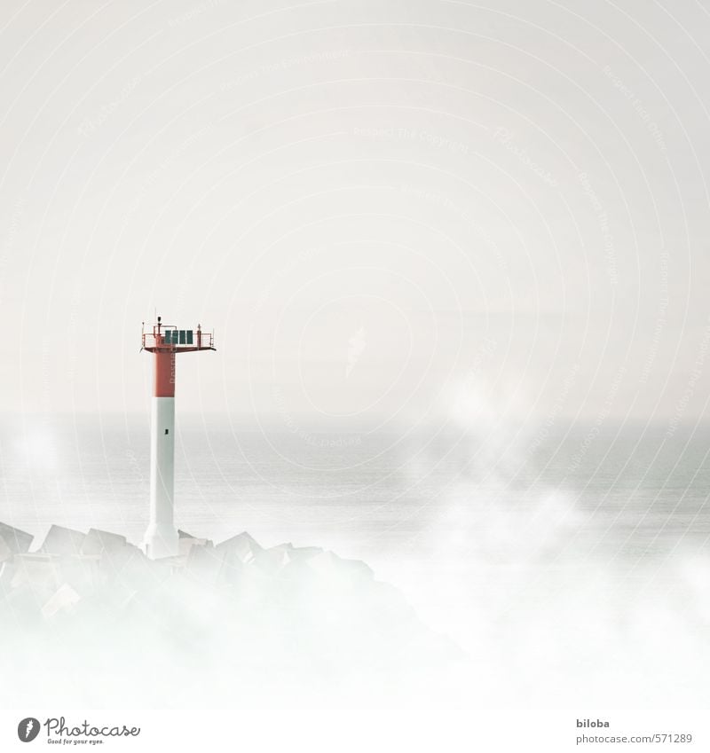 Lighthouse in the fog at port exit Shroud of fog harbour exit Water shipping Sky Fog Bad weather Coast North Sea Ocean Gray Red White Dunkerque France