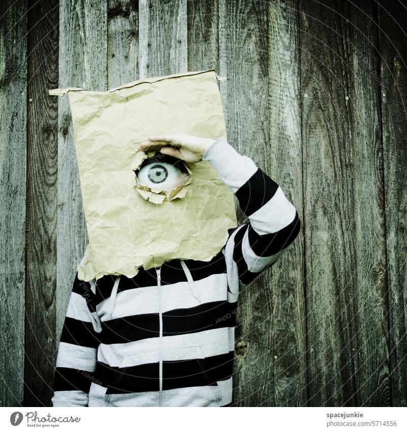 Looking around Paper bag Eyes Packaging cyclops Whimsical Humor humorous look Observe Bag Trash Stripe Striped sweater