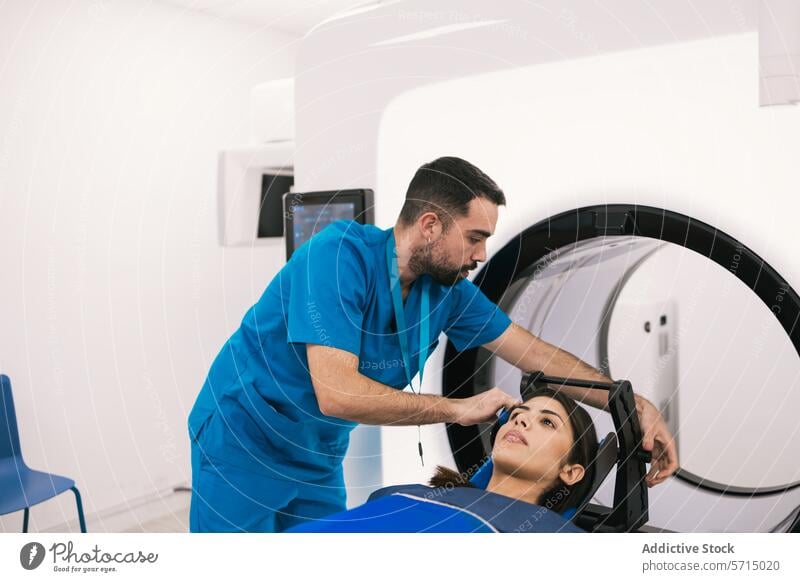 Medical professional preparing patient for CT scan healthcare medical technician ct scan computed tomography hospital clinic assistance preparation