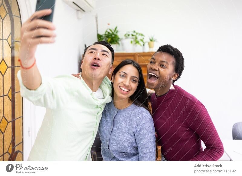 Diverse friends posing for a fun selfie indoors smile smartphone diverse happy group joy pose camera cheerful multicultural togetherness bonding interaction