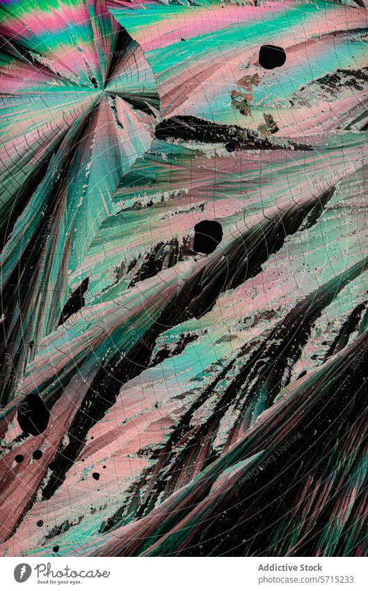 Vibrant pink and green abstract crystal texture vibrant color mineral pattern black void linear structure detail microscopic science artistic background macro