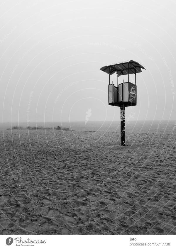 Watchtower on the beach with fog Autumn Autumnal autumn atmosphere Dreary Exterior shot Empty Nature Water Gloomy October November November weather