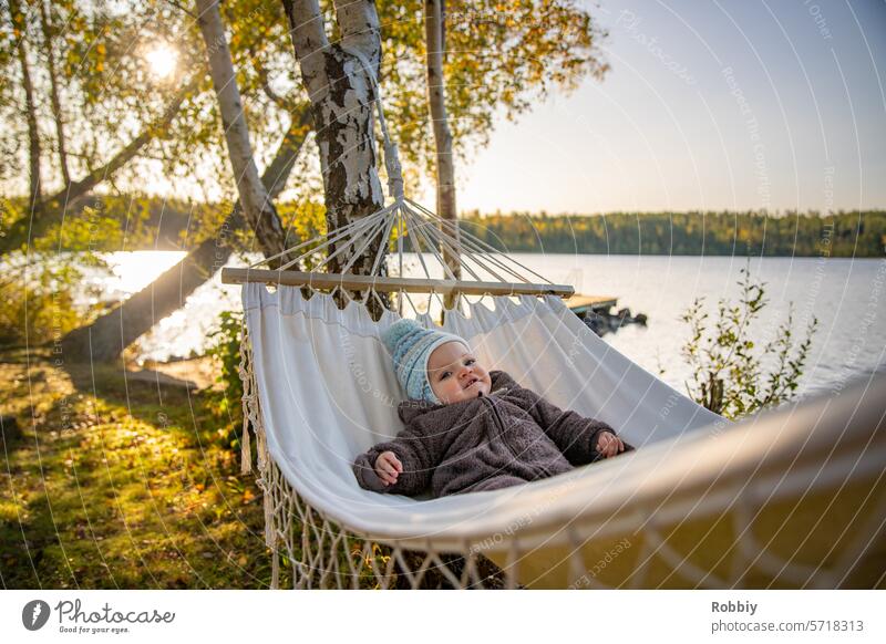 Baby in a hammock by a lake in Sweden Hammock Toddler Autumn Lake Child Infancy Nature Colour photo Exterior shot Human being Vacation & Travel Lifestyle Cute