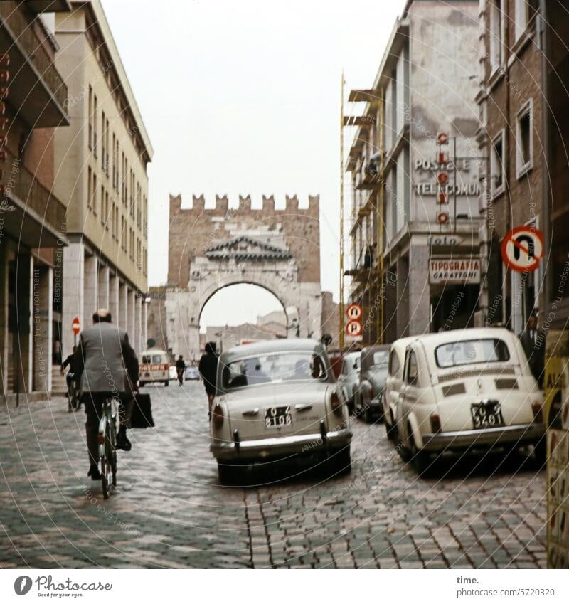 Old town traffic cyclist cars downtown city Italy Historic Transport Parking Parking lot Cobblestones Facades Manmade structures Architect Building cityscape