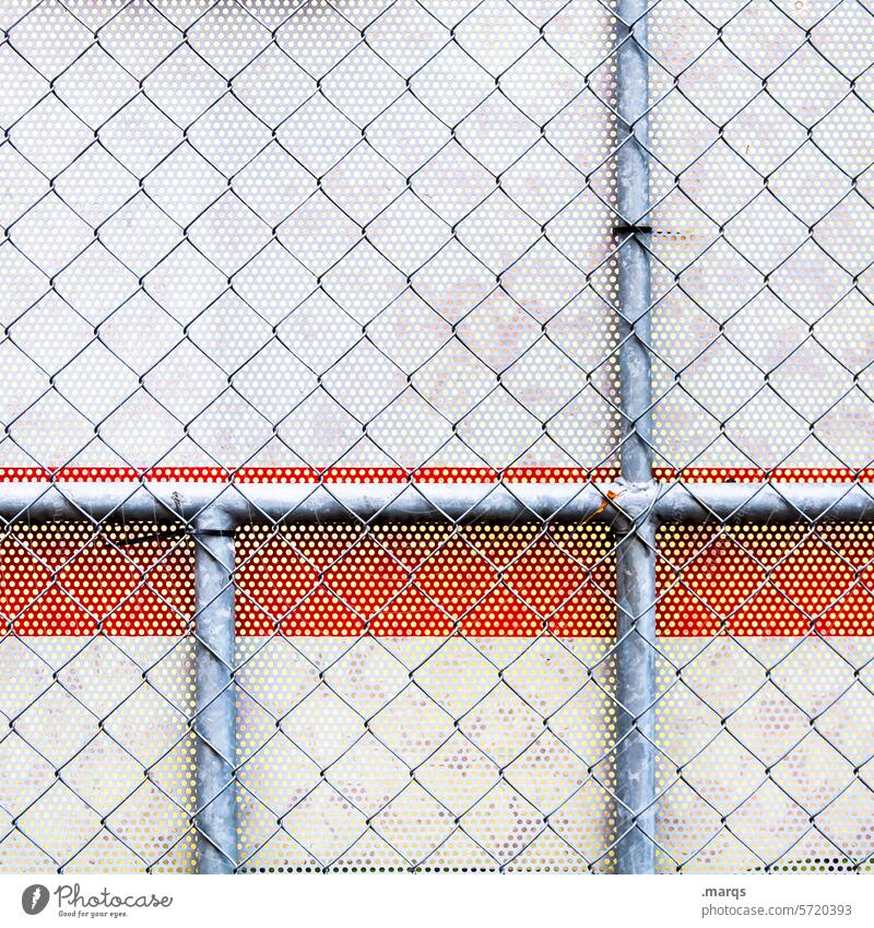 constructed Wire netting fence Wire fence Metal Close-up tarpaulin Red White Protection Barrier