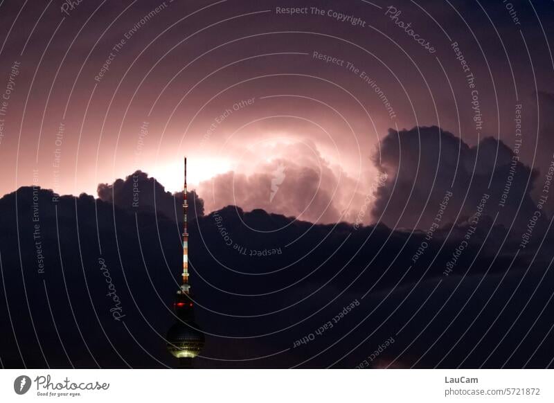 Thunderstorm over Berlin Sky Clouds Berlin TV Tower Capital city Alexanderplatz Television tower Dark Night lightning bolt Weather Lighting