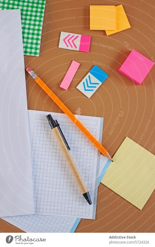 Organized office supplies on a brown background supply sticky note pencil graph paper organized workspace overhead view surface neat concept planning stationery