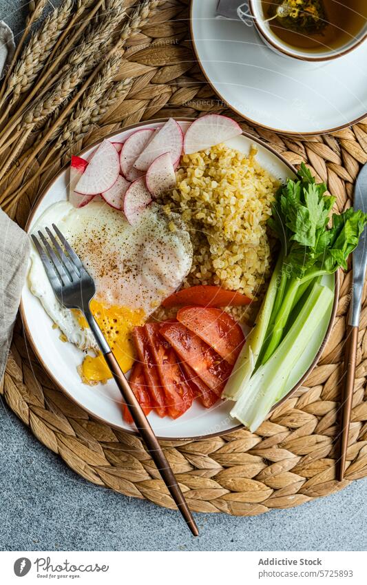 Fresh organic lunch set with egg, vegetables and tea meal healthy reddish tomato celery fried egg bulgur cereal green tea nutrition fresh sliced plate