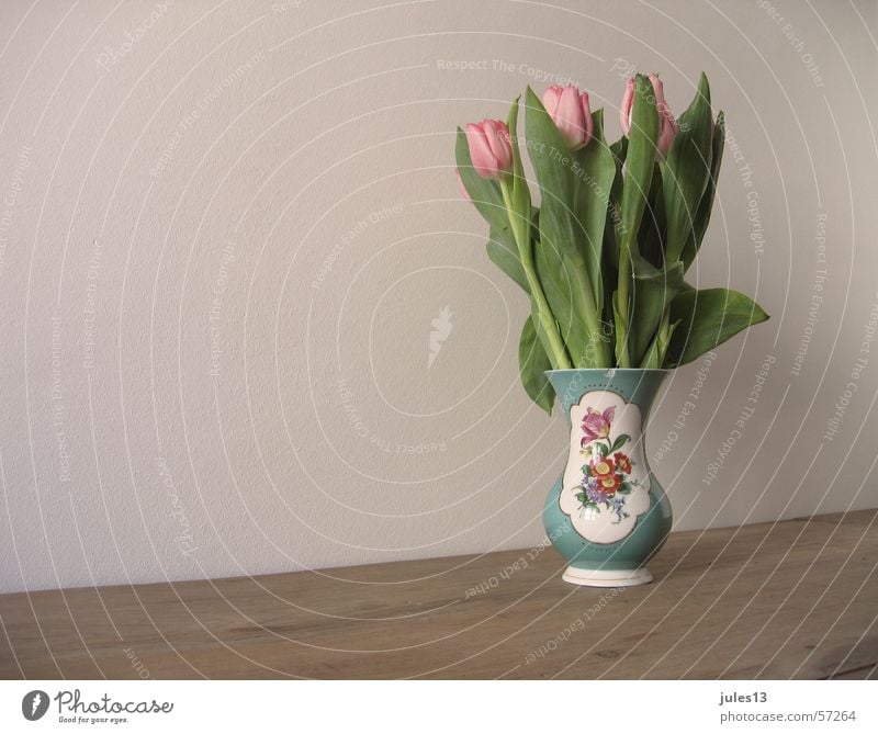 tulips Vase Flower Tulip Multicoloured Pink Table Brown Wall (building) Green Partially visible Kitsch Crockery