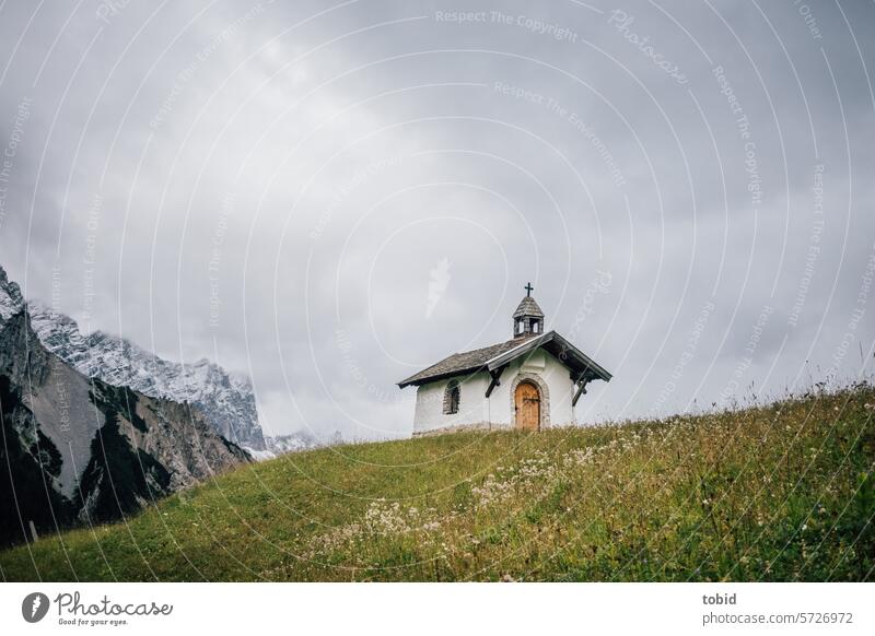 mountain chapel Karwendel Chapel little church Snow Nature Snowcapped peak Mountain path Forest naturally Clouds devotion Rock Resting place lafatscherjoch