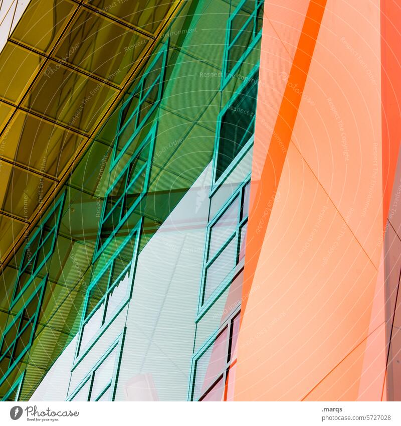 façade Structures and shapes Abstract Orange Green Modern Hip & trendy Facade Style Design Arrangement Multicoloured Background picture Line Architecture