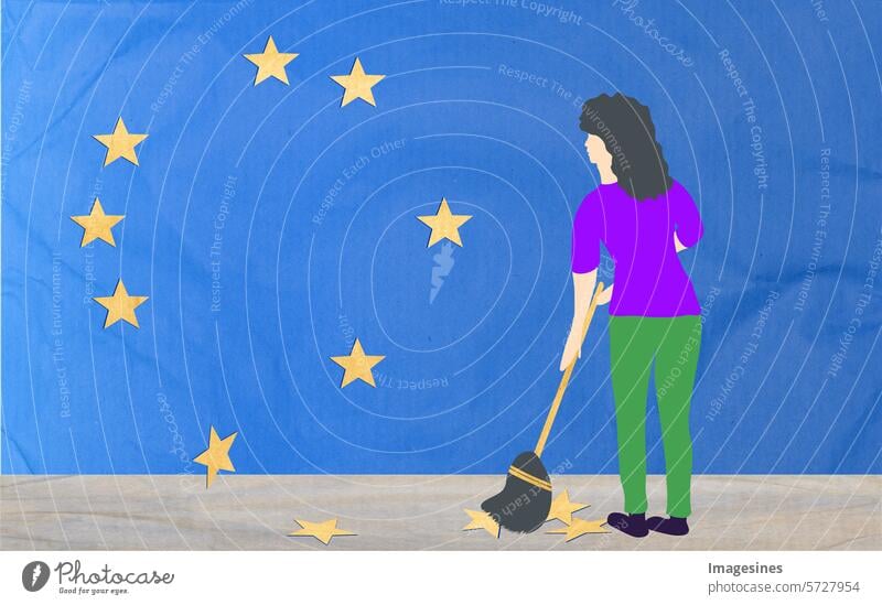 A woman sweeps up fallen stars from the European flag. Stars have fallen from the EU flag. Woman Fallen 2024 Abstract backgrounds banner brexite Broom business