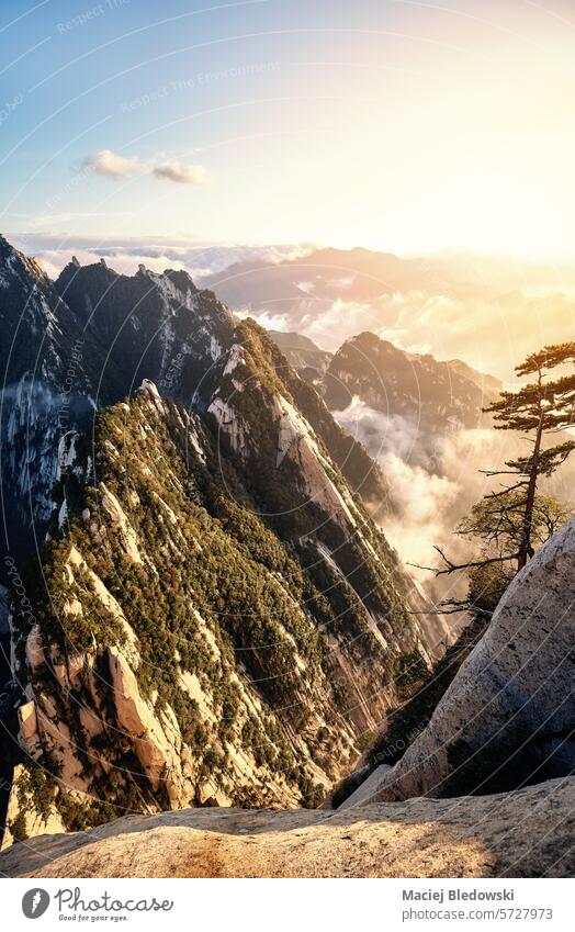 View of Huashan National Park mountain landscape at sunset, China. nature Asia sky travel canyon park beautiful Mount Hua scenic wilderness rock Shaanxi valley