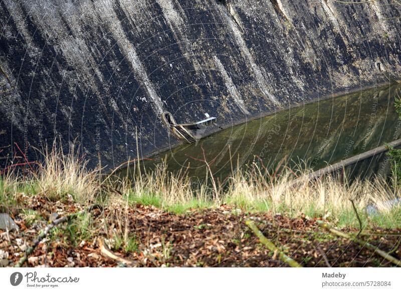 Old dam wall and embankment with foliage and grasses in spring at Lake Edersee near Waldeck in the district of Waldeck-Frankenberg in Hesse Retaining wall