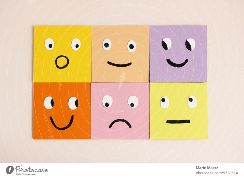 Funny faces with different facial expressions on colorful notepads Facial expressions Emotions Expression wittily square fortunate sad Happiness Positive