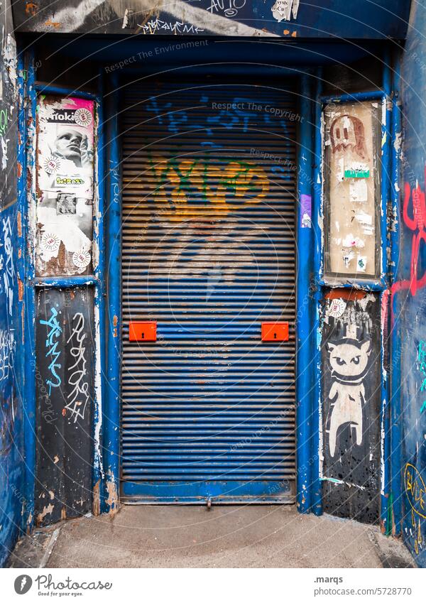 Closed Broken Trashy Entrance Metal door locked Rust rots Old Building scratched Roadhouse Bar Decline Trade Downtown Graffiti