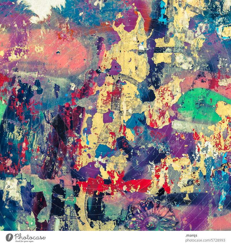 Wild wall Muddled Trashy Close-up Abstract Colour Multicoloured Wall (building) Creativity Dye Morbid flaking paint Weathered Surface Art remnants Decline