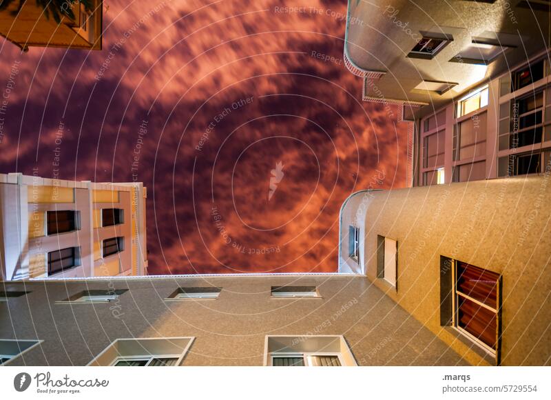 inferno Worm's-eye view Light (Natural Phenomenon) Night Real estate market Ambitious Skyward Perspective Tall Living or residing Illuminate Facade Architecture