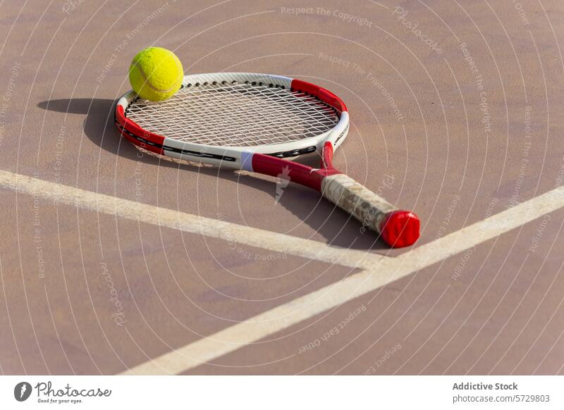 Tennis racket and ball on court closeup tennis clay court sport close-up equipment yellow red white texture outdoor game detail recreational activity