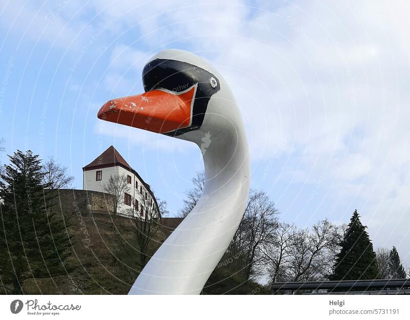 the castle guard Swan Swan's head Decoration Lock Building Manmade structures Old Historic Perspective Tree Sky Castle Architecture Tourist Attraction