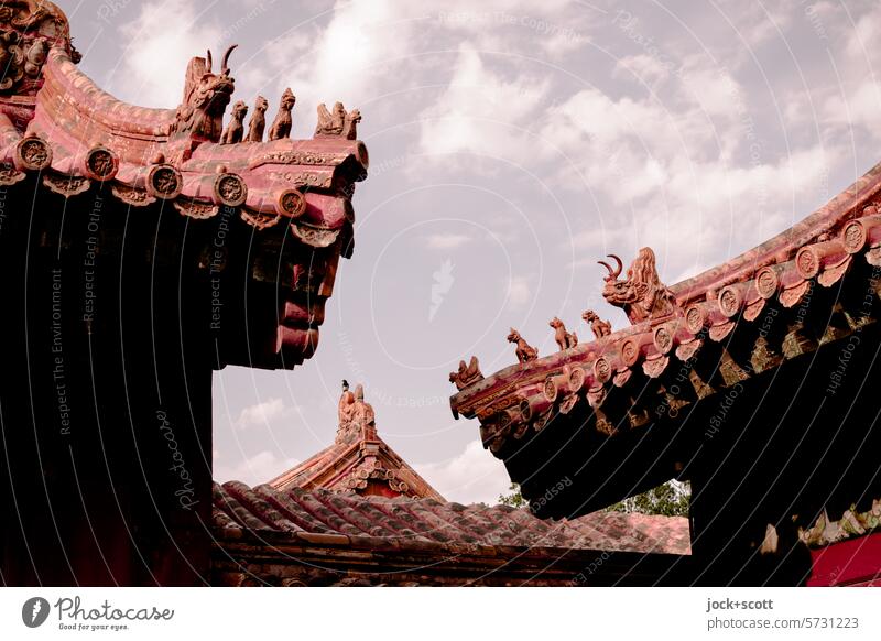 Forbidden city with watchful figures on the roofs Cinese architecture Historic Roof Tourist Attraction China Beijing World heritage Authentic Depth of field Sky