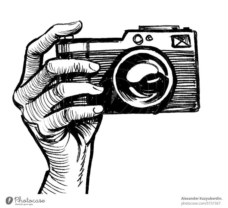 Hand holding vintage camera photography hand photographer retro art artwork drawing sketch ink black and white illustration