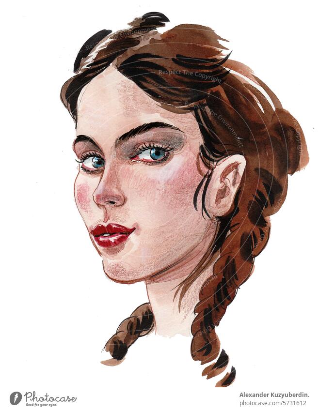 Beautiful woman with braids. Hand drawn ink and watercolor illustration girl female lady face portrait beauty beautiful pretty painting art artwork drawing