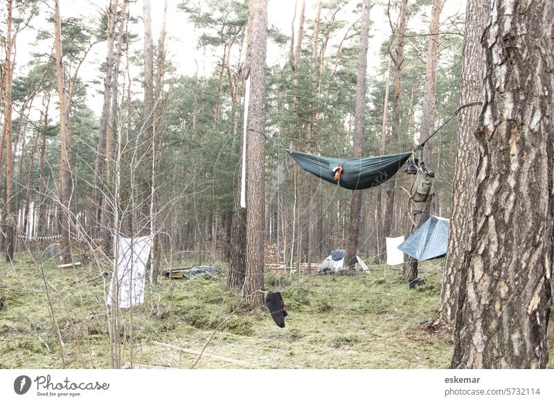 Tents and hammocks in the forest - wild camping, forest squatting Adventure Forest Nature Landscape Camping Relaxation Green vacation travel trekking Hiking