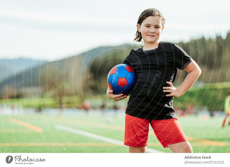 Young Soccer Player Posing with Ball on Field child soccer girl sport field ball young athlete sportswear confidence outdoor activity healthy lifestyle playing