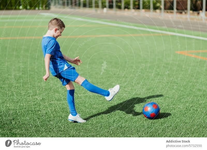 Young boy playing soccer on a green field sport artificial turf blue uniform kick ball child outdoor activity game youth soccer field sportsmanship