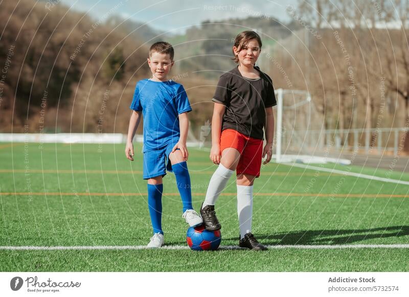 Young soccer players standing on field ready to play boy girl kid sport ball young athletic team game youth outdoor activity fitness friendship teamwork uniform