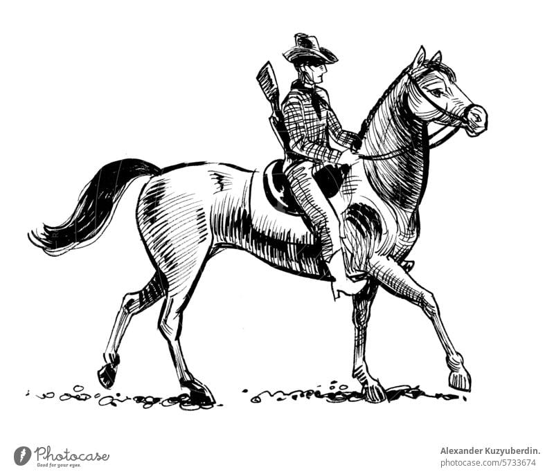 Cowboy riding a horse. Hand drawn retro styled illustration cowboy west art artwork drawing sketch ink black and white