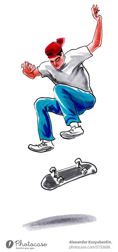 Young man on skateboard. Hand drawn retro styled illustration skating sport activity leisure young man art artwork drawing sketch