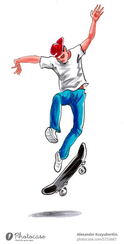 Young man on skateboard. Hand drawn retro styled illustration skateboarding skating sport activity urban young man art artwork drawing sketch