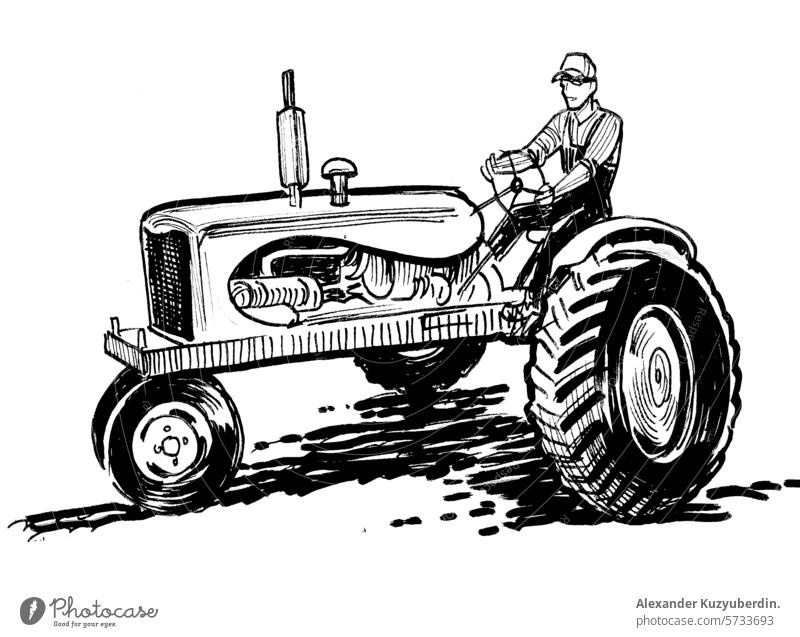 Farmer on retro tractor. Hand drawn retro styled illustration tarctor farmer farming agricuture vintage art artwork drawing sketch ink clipart