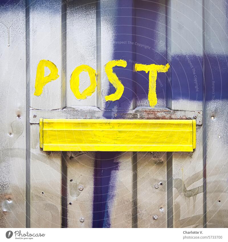 Letterbox with lettering "Post" Mailbox Colour photo Exterior shot Yellow Detail Wall (building) Characters Graffiti Clue Slit Mailbox slot Communicate