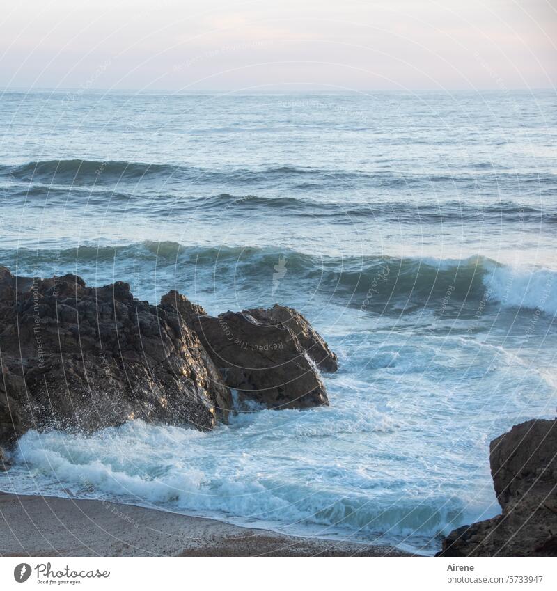 when the sea meets the coast Blue Waves Beach Deserted Water Ocean untreated Stony Atlantic Ocean Roar Swell Freedom Force Hissing mightily Maritime Movement