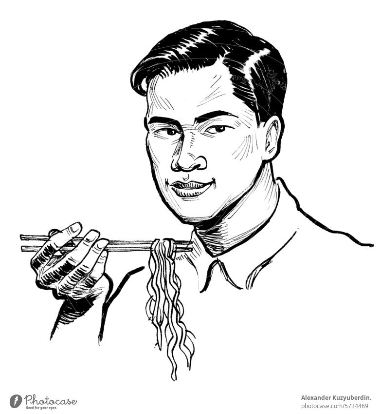 Asian man eating noodles with chopsticks. Hand drawn retro styled illustration chinese asian cuisine food fast food male charater vintage art artwork drawing