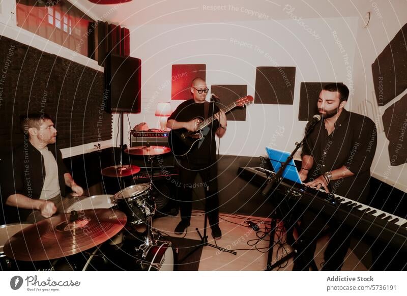 Men in music band performing with various instruments performance male drummer guitarist keyboardist acoustic electric instrumental venue indoor cozy