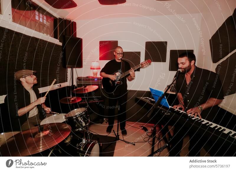 Three-man band performing in a small indoor venue music performance live men male trio drummer guitarist keyboardist intimate musician entertainment playing