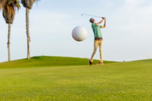 Anonymous golfer playing on a sunny day swing course green sky clear motion sport active leisure outdoor palm tree hobby ball unique male person follow through