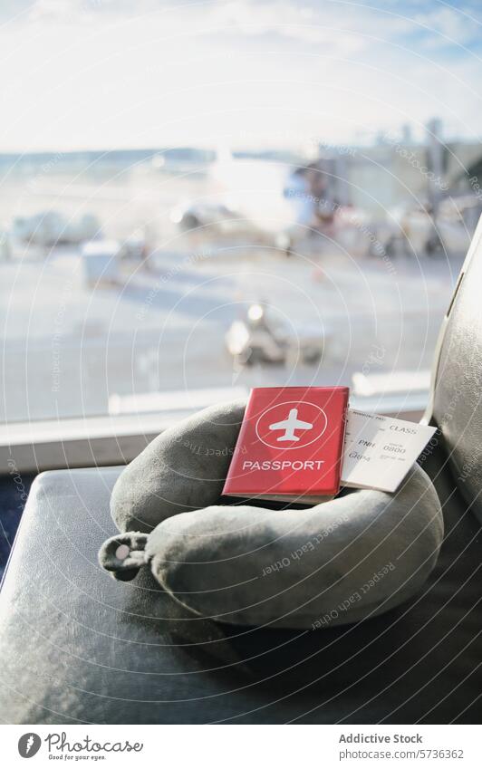 Travel essentials at the airport lounge with a blurred background travel passport boarding pass pillow seat journey flight waiting departure vacation business