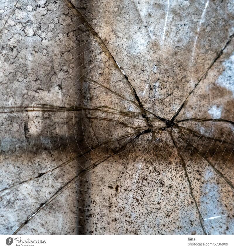 cracked glass pane l Good luck! Pane jumped Window pane Slice Glass Deserted Broken Damage Structures and shapes Destruction Smashed window Crack & Rip & Tear