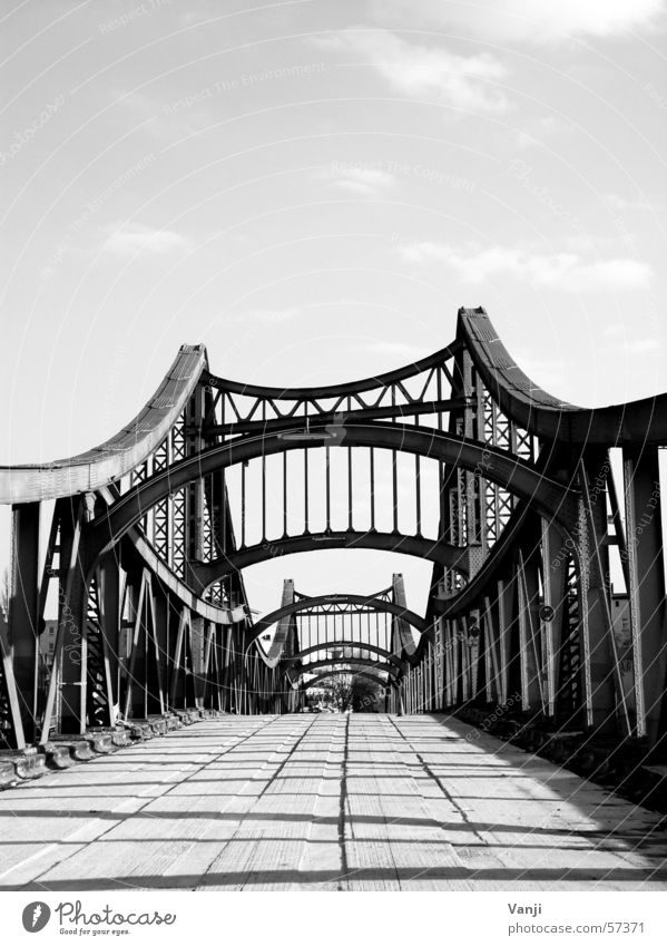 million-dollar bridge Steel Pedestrian Spider's web Manmade structures Loneliness Bridge Derelict Black & white photo Sky Railroad crossing Lanes & trails